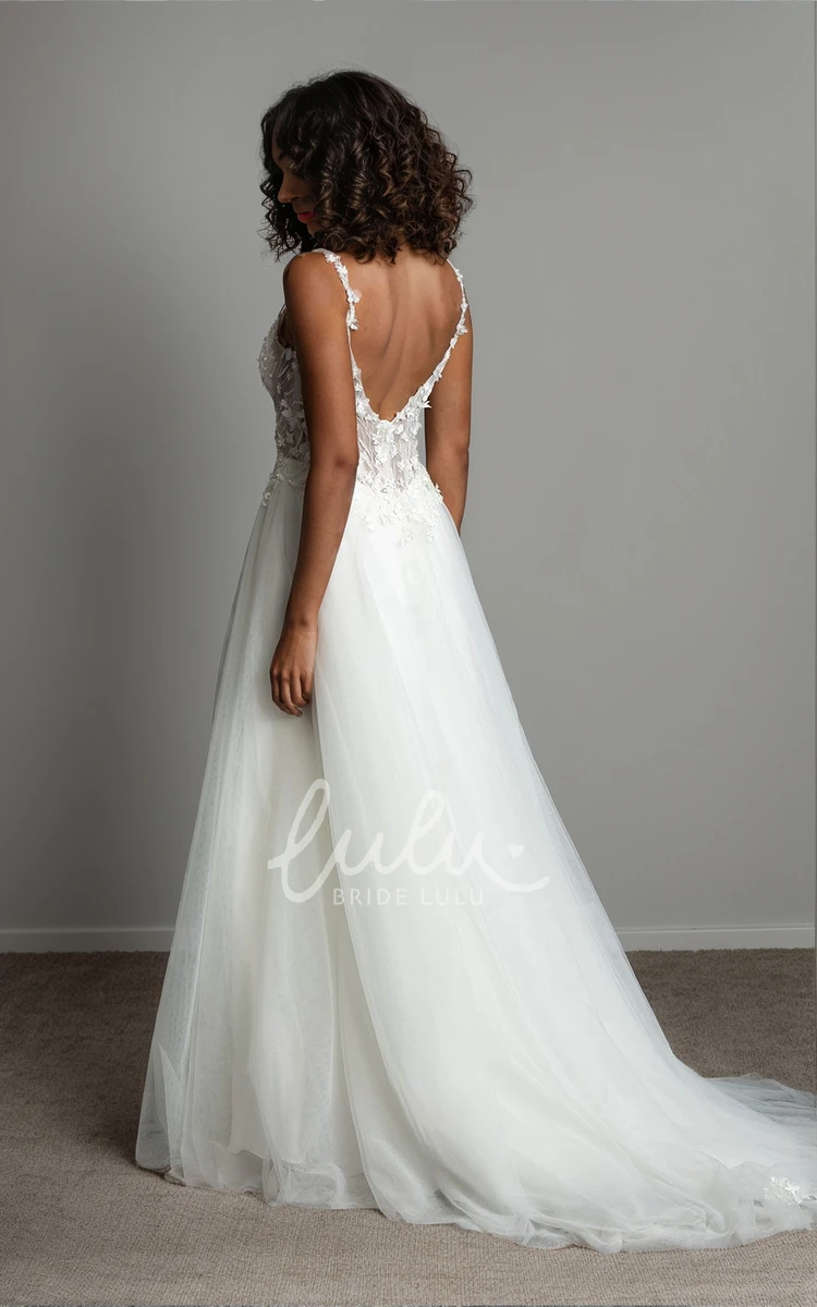 Ethereal Sexy A-Line Spaghetti Straps Lace Tulle Appliques Wedding Dress Elegant Romantic V-Neck Floor-length Backless Court Train Bridal Gown