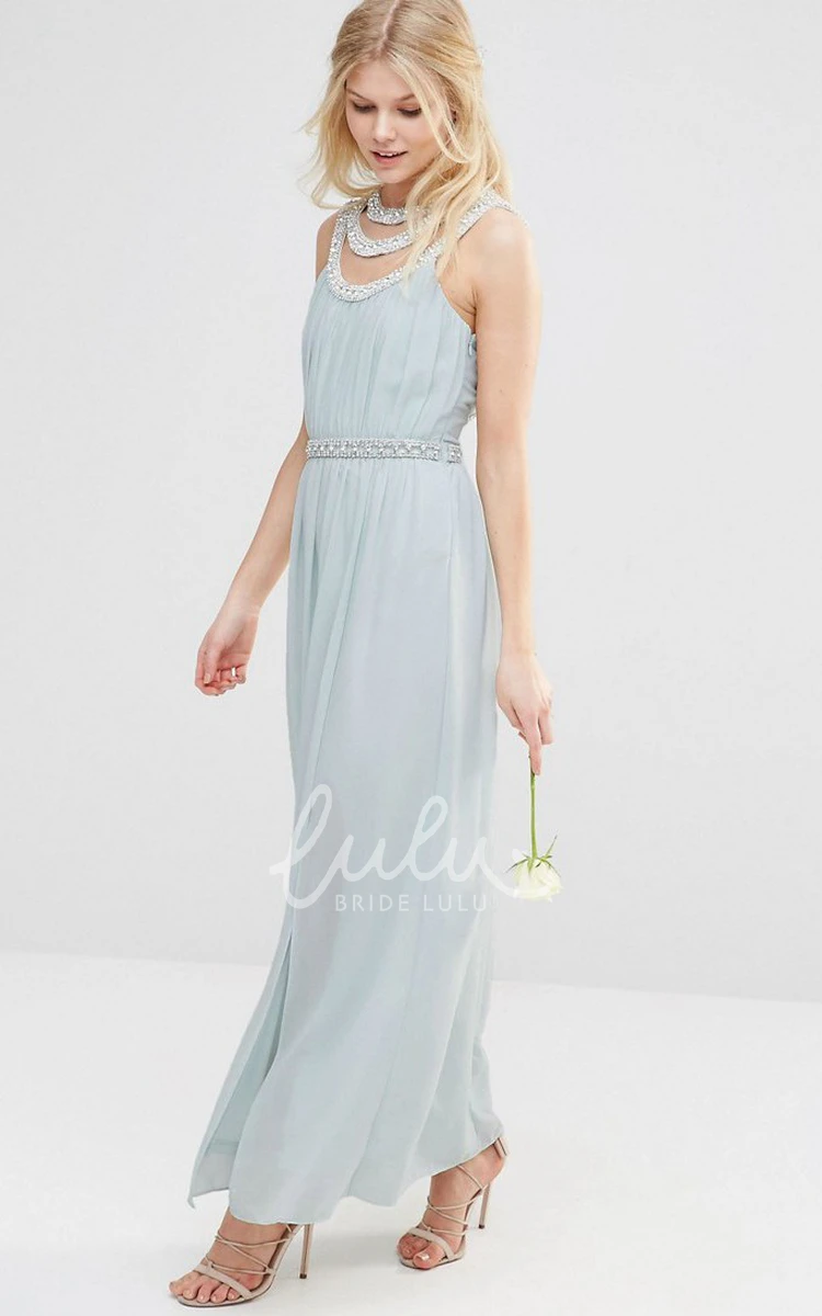Beaded Sleeveless Chiffon Bridesmaid Dress Ankle-Length Strappy Modern
