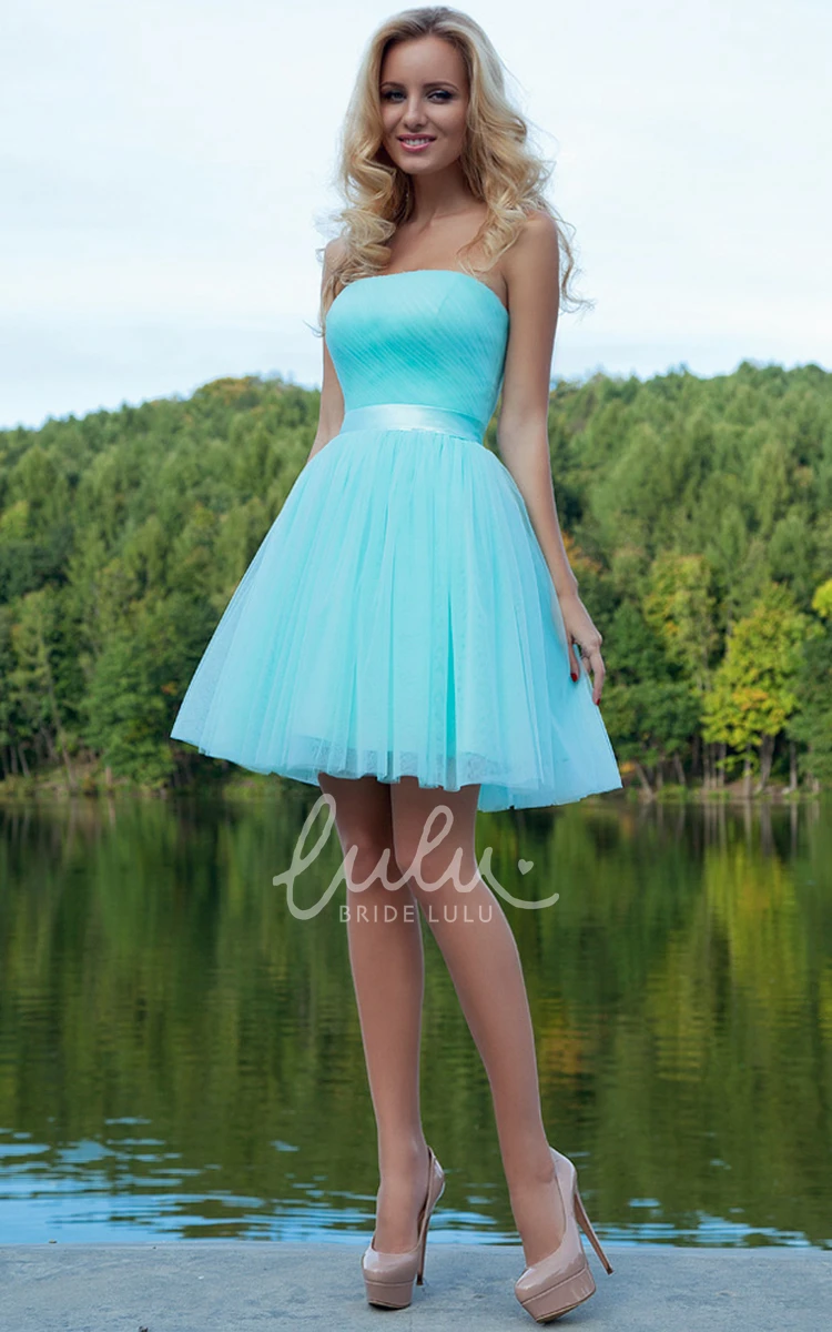 A-Line Tulle Prom Dress with Ribbon Ruched Sleeveless Strapless Short Mini