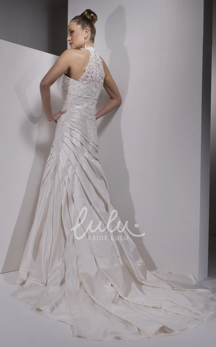 High Neck Sleeveless Satin Wedding Dress with Illusion Back Sheath Style Appliques