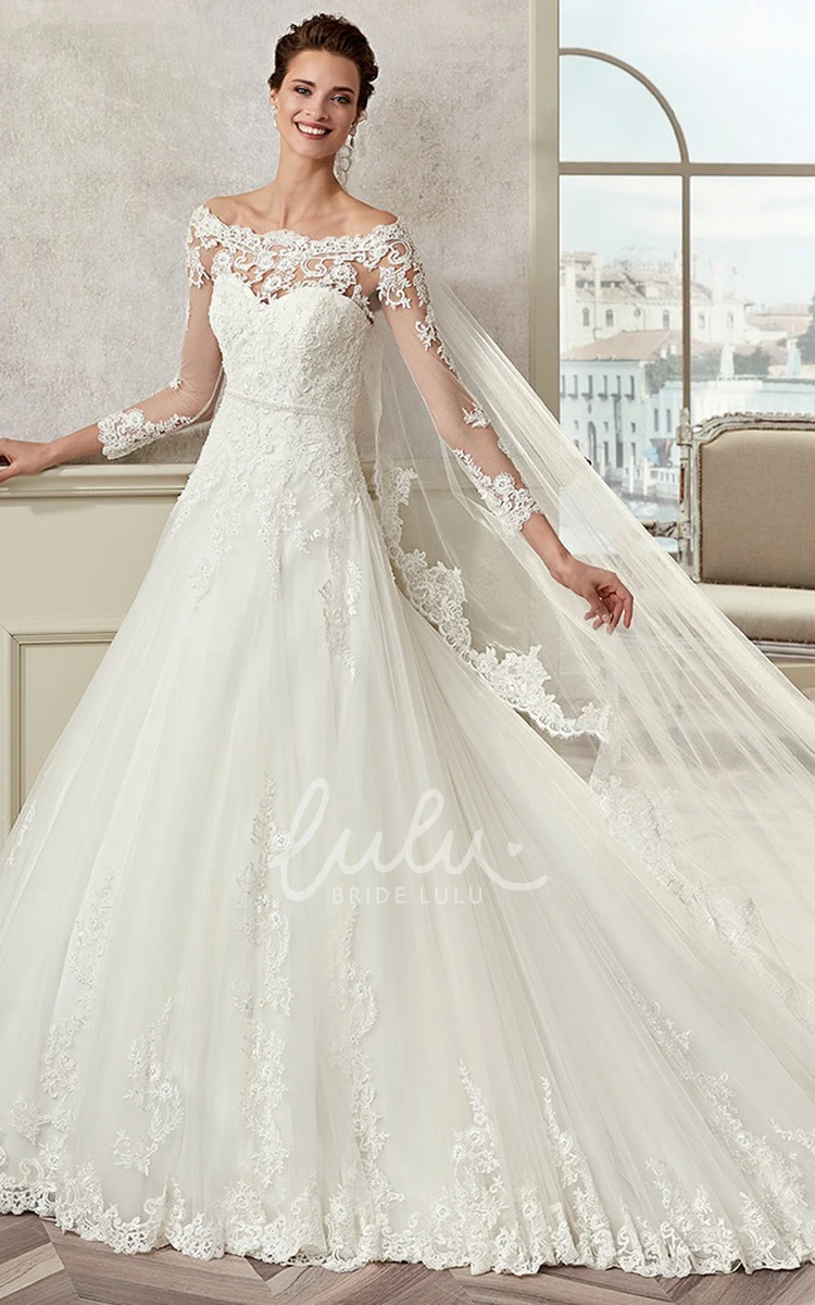 Off-Shoulder A-Line Wedding Dress with Illusive Design and Brush Train