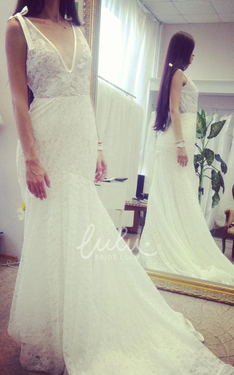 Sleeveless Mermaid Lace Wedding Dress with Long Train and Deep-V Neck