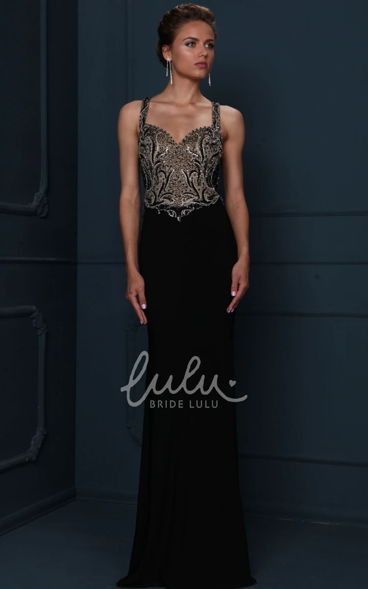 Strappy Sweep Train Evening Dress with Beaded Jersey Fabric