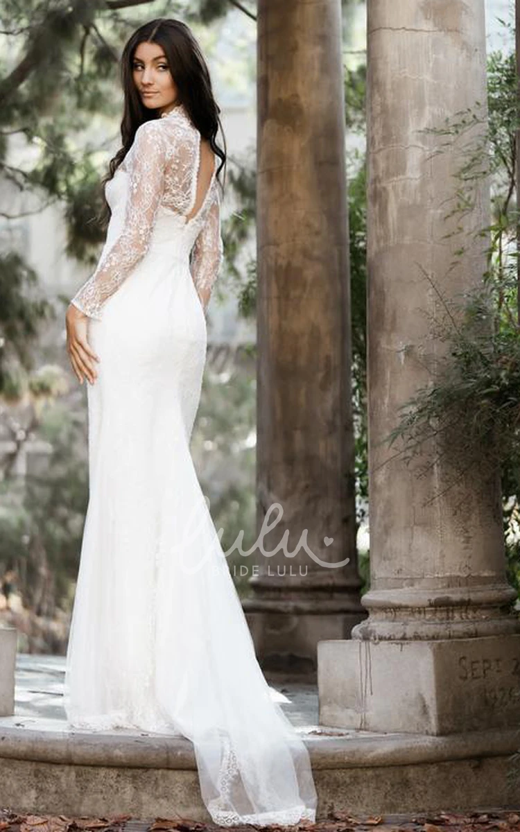 Modest High Neck Lace Wedding Dress with Long Sleeves and Keyhole Back Elegant Wedding Dress