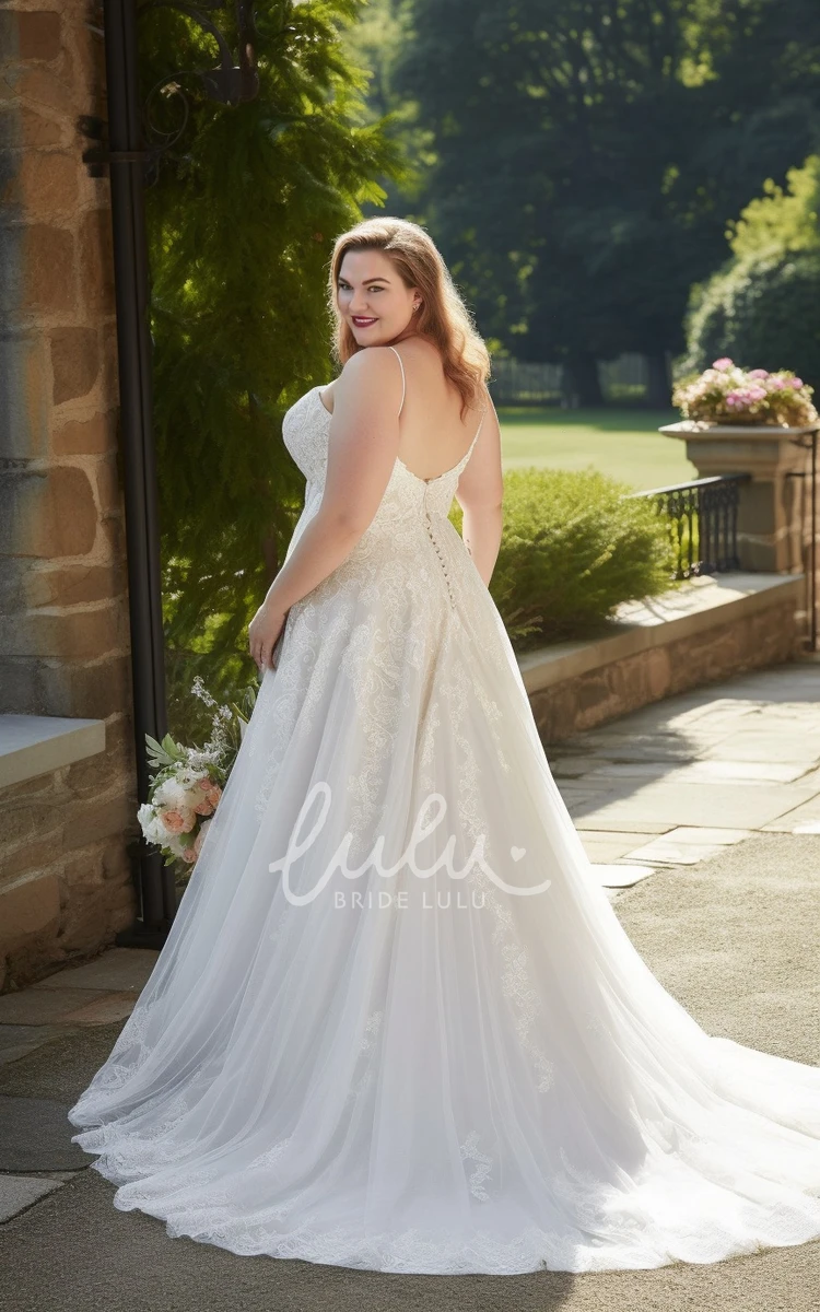 A-Line Lace Tulle Wedding Dress Plus Size Spaghetti Simple Elegant Romantic Court Train