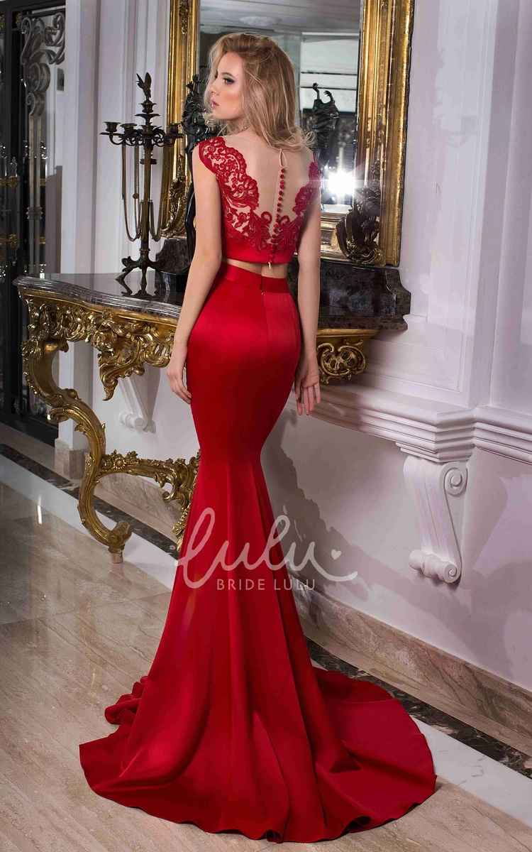 Lace Satin Prom Dress with Trumpet Silhouette Cap Sleeves and Scoop Neck