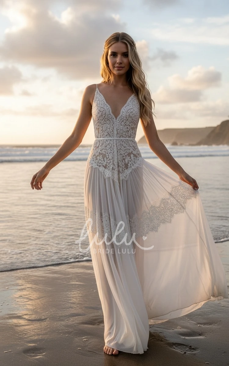 Boho A-Line Sexy Spaghetti V-neck Chiffon Lace Warm Wedding Dress Elegant Floor-length Sleeveless Backless Bridal Gown with Sash