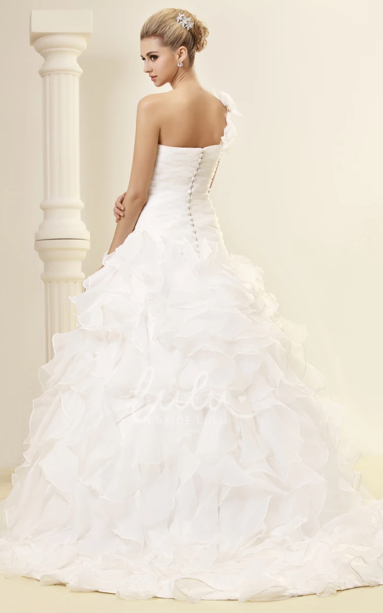 One-Shoulder A-Line Organza Wedding Dress With Ruffles and Criss-Cross Detail