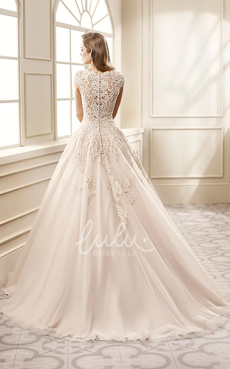 Cap-Sleeve A-Line Lace Wedding Dress with V-Neck and Pleats Chic Bridal Gown