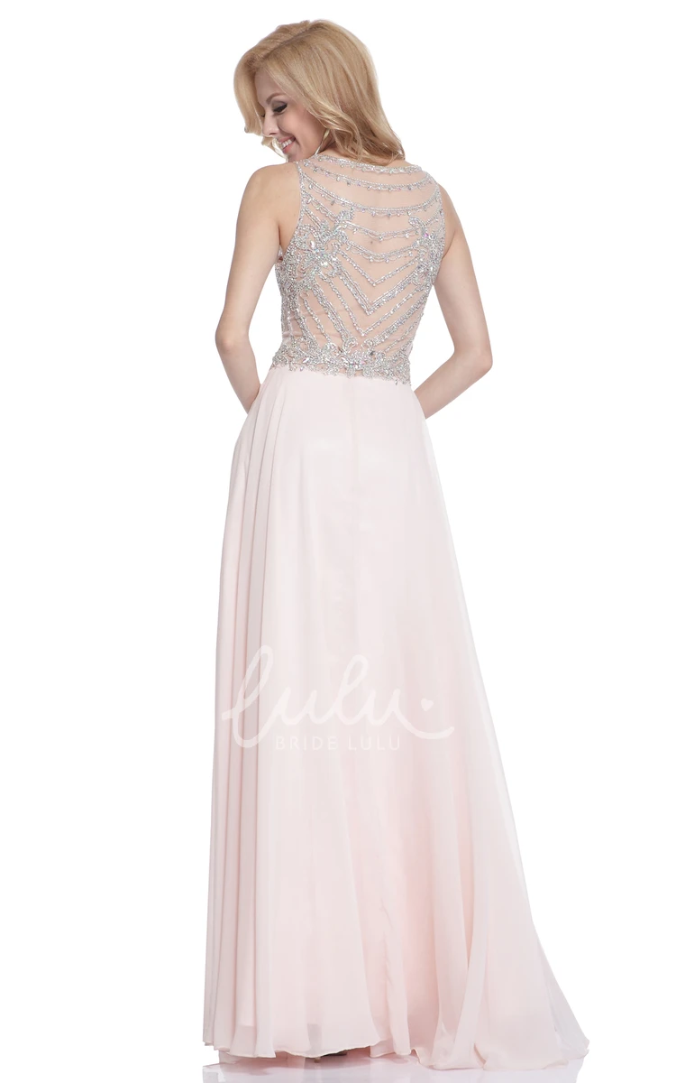 Chiffon A-Line Dress with Jewel Neckline Pleats and Beading
