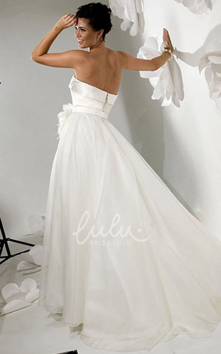 Floral Satin A-Line Wedding Dress with Strapless Style and Court Train Floor-Length