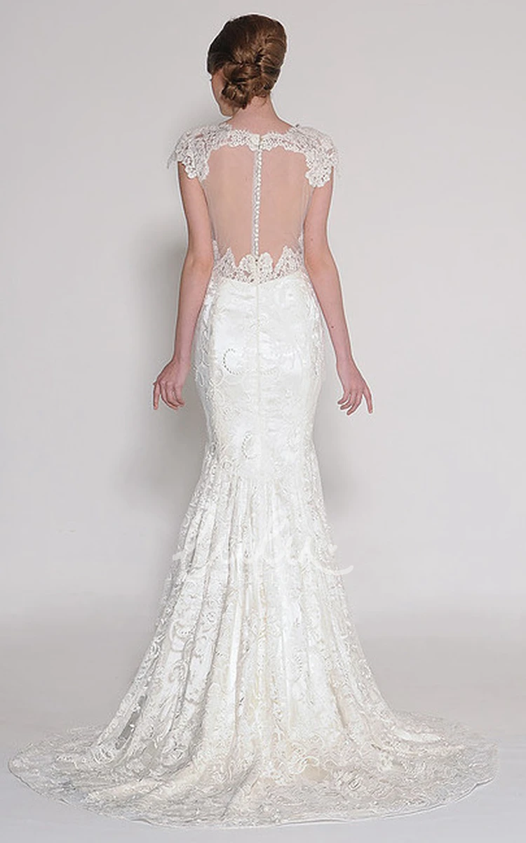 Cap-Sleeve Lace Wedding Dress with Appliques and V-Neck Sheath Bridal Gown
