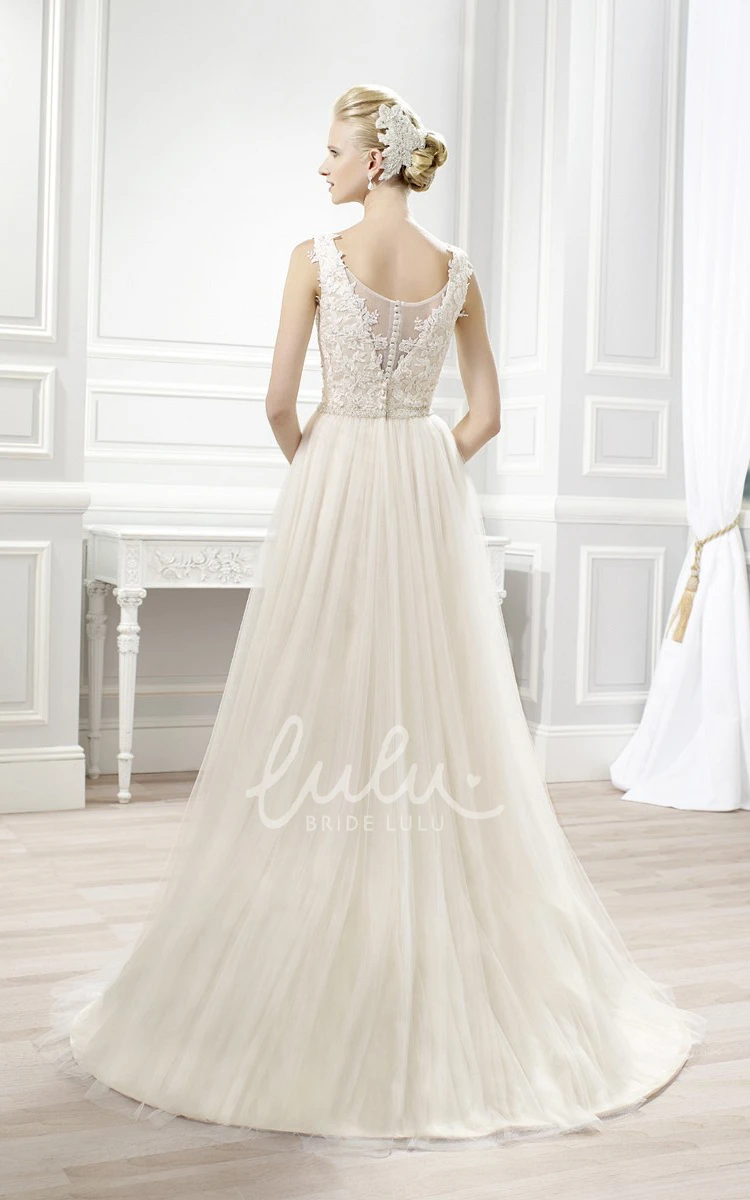 A-Line Appliqued Lace&Tulle Wedding Dress with Bateau Neckline and Illusion Back Classic Bridal Gown