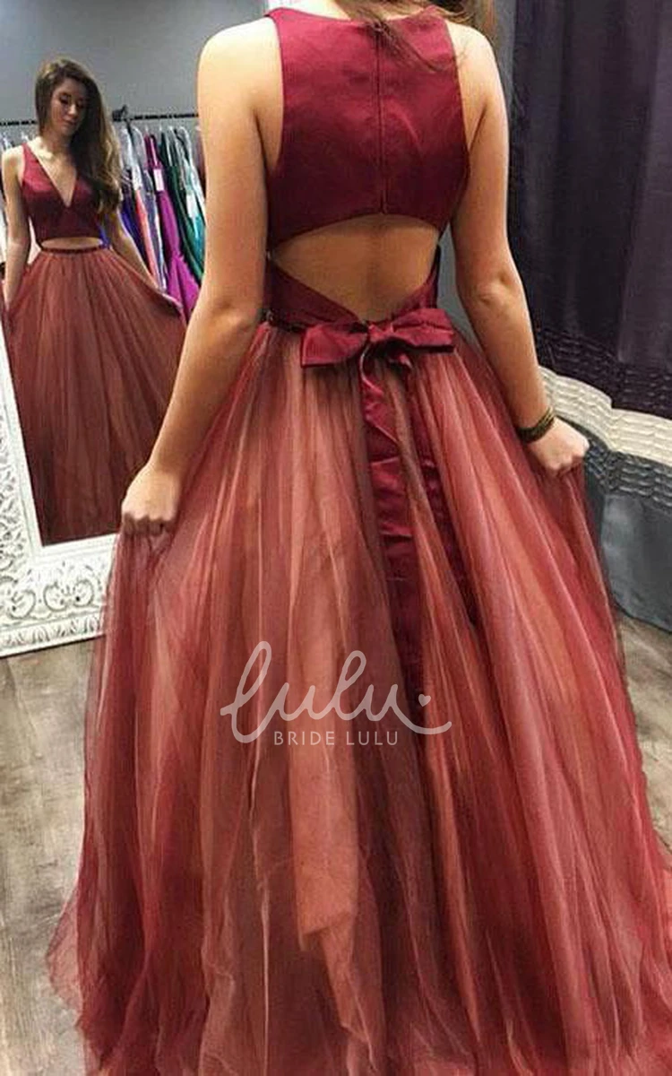 Two Piece Tulle Sleeveless Floor-length Formal Dress with Bow Modern & Unique Formal Dress