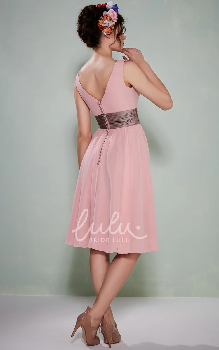 Sleeveless Chiffon Bridesmaid Dress with Low-V Back Scoop Neck Knee-Length