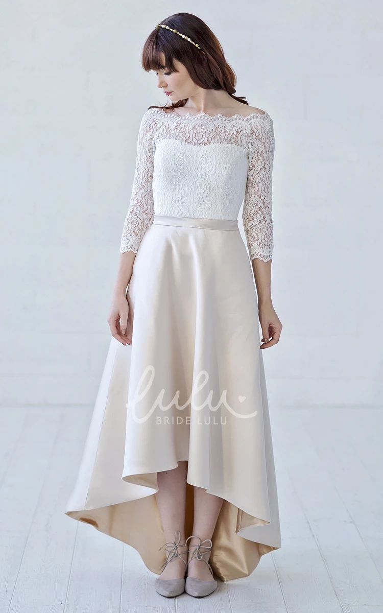 Off-the-shoulder High-low Lace and Satin Wedding Dress with Illusion Sleeves Classy Wedding Dress