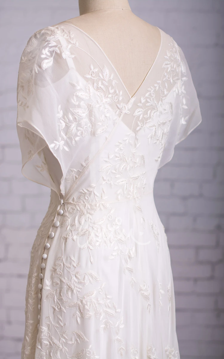 Butterfly Sleeve V-neck V-back Dress with Side Buttons Elegant Prom Dress