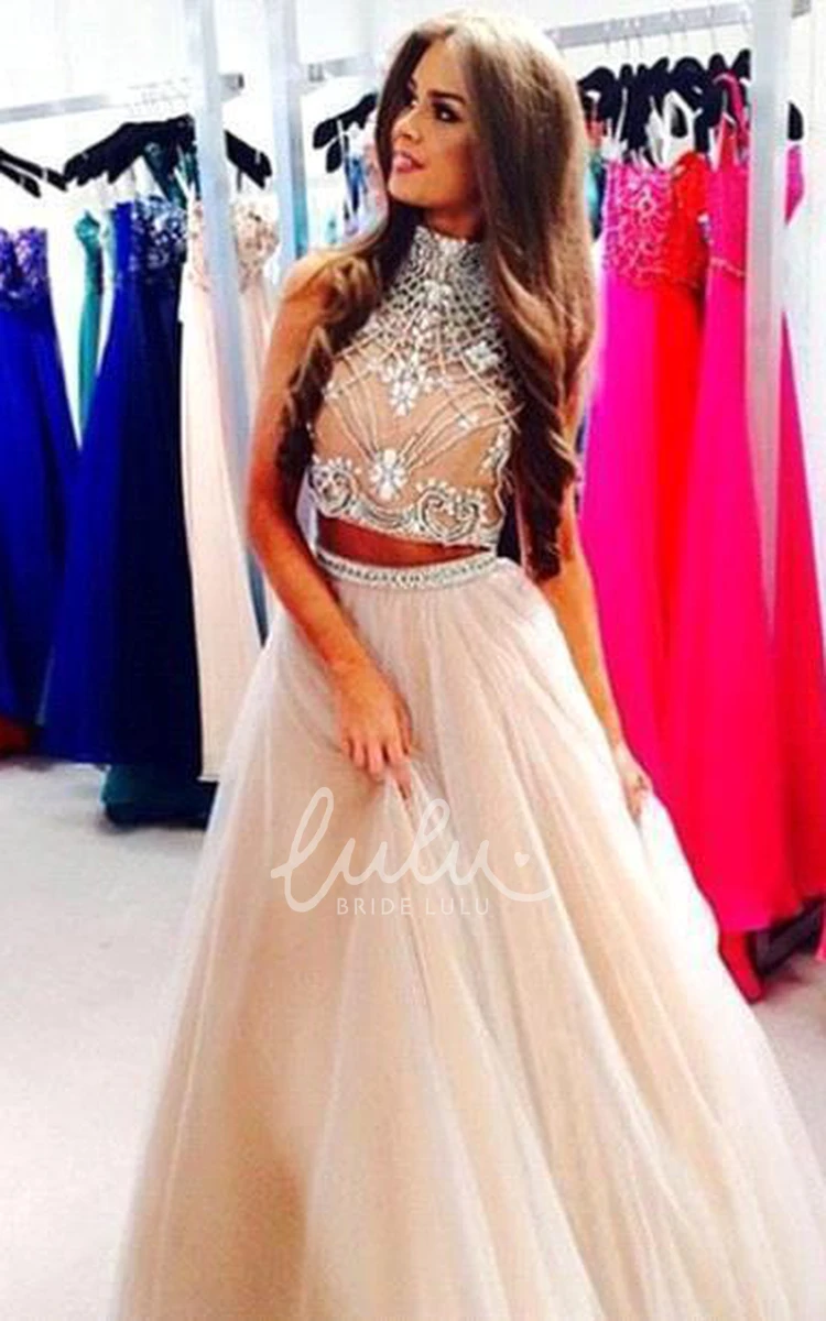 High-Neck Beaded Tulle A-Line Prom Dress Gorgeous 2024 Women's Formal Wear