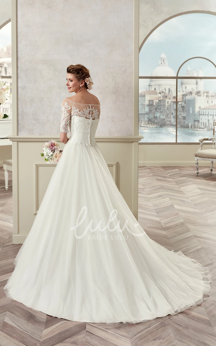 A-Line Wedding Dress with Off-Shoulder Half Sleeves and Pleated Skirt