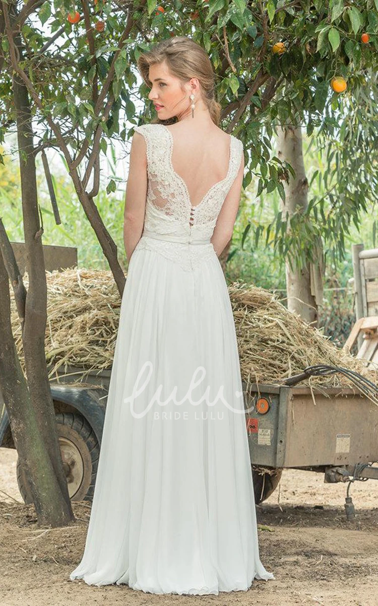 Lace Chiffon Wedding Dress with Low-V Back Plunged Cap-Sleeve Pleated Unique