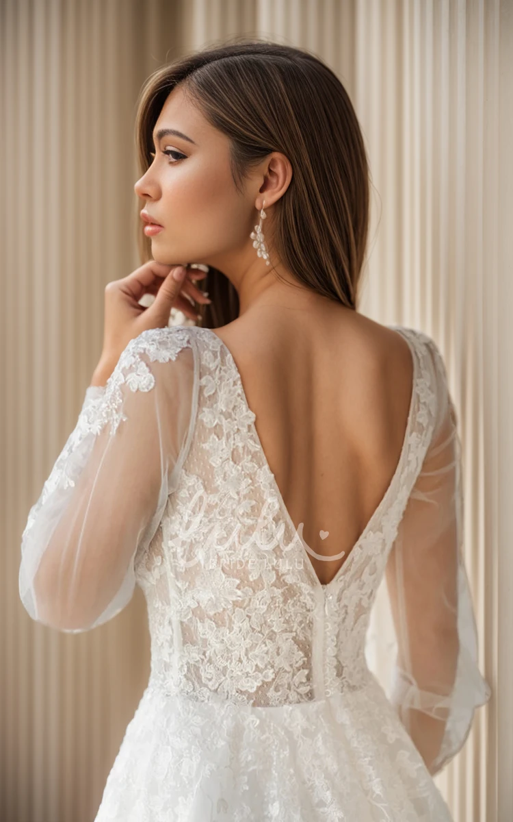 Flowy Elegant A-Line Bohemian Sheer Long Sleeve Winter Wedding Dress Airy Princess V-Neck Low-V Back Tulle Bridal Gown with Train