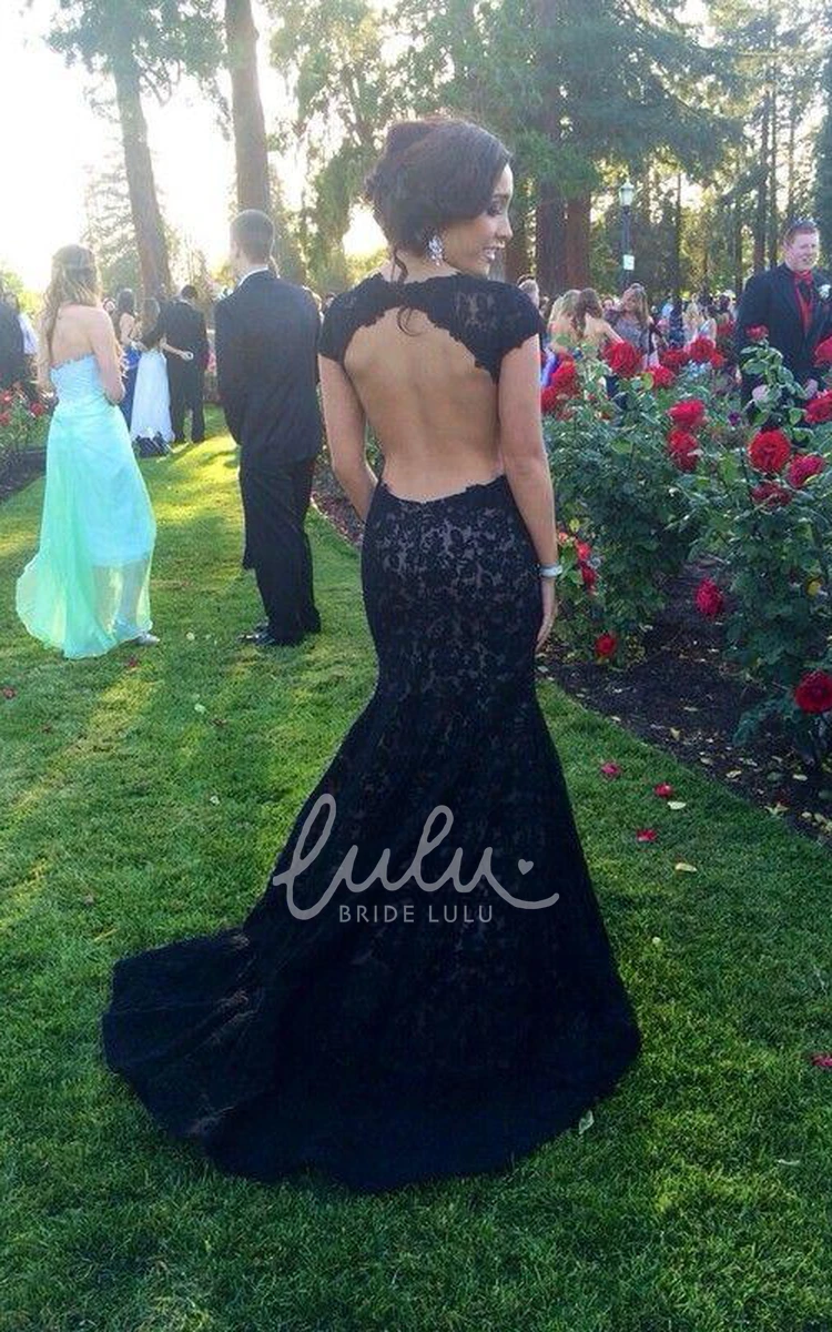 Black Lace Mermaid Cap Sleeve Prom Dress Modern Women's Formal Dress Sweep Train