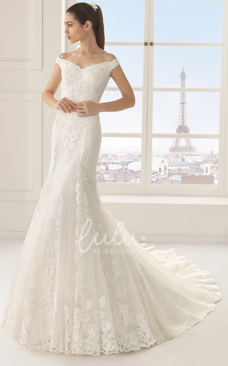 Off-Shoulder Mermaid Lace Wedding Dress with Chapel Train Unique and Flowy