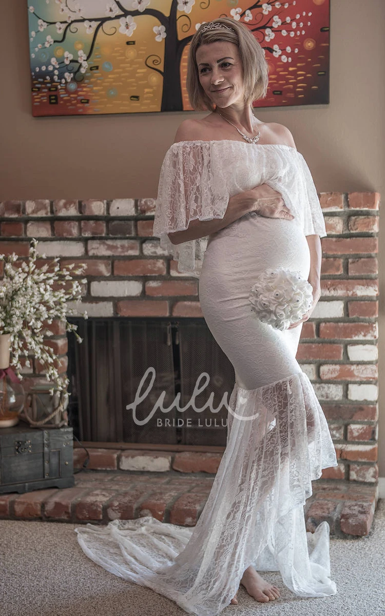 Half Sleeve Mermaid Maternity Wedding Dress with Court Train and Empire Waist