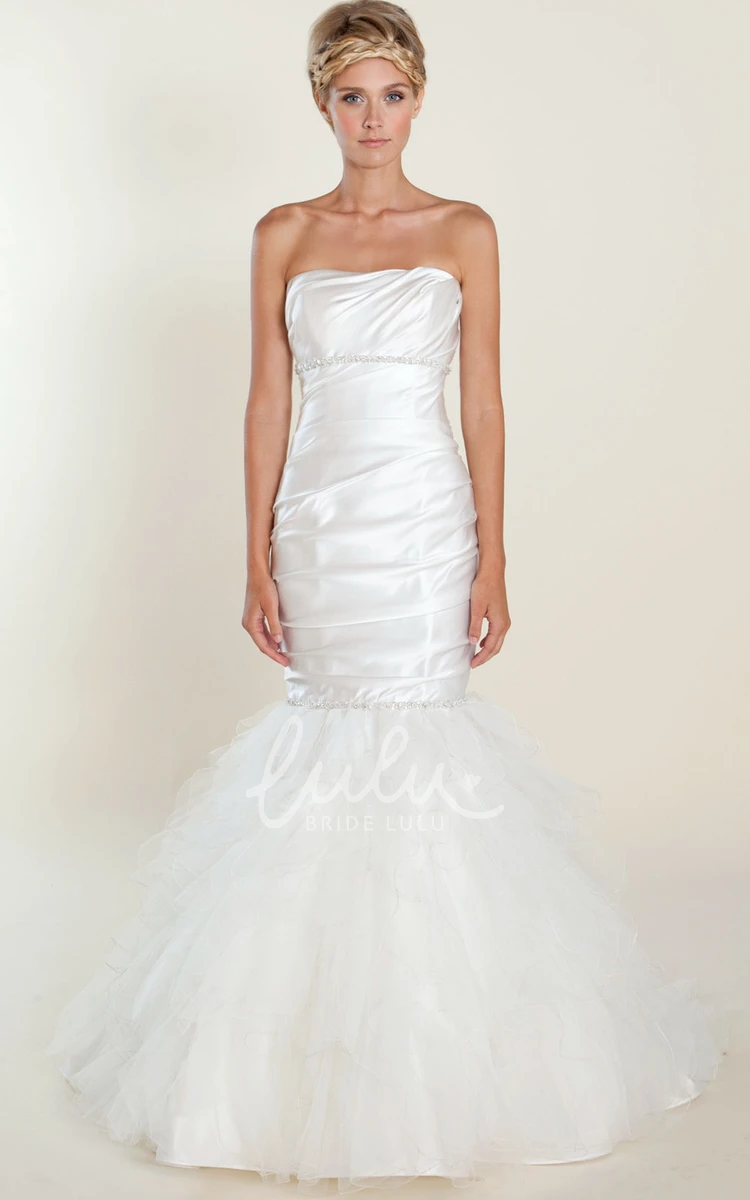 Strapless Satin Wedding Dress with Ruffles and Beading Trumpet Long Sleeveless Ruched