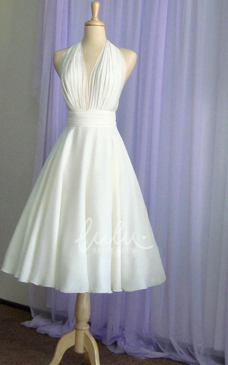 Vintage Halter Neck Chiffon Wedding Dress with Bow Tea-Length Elegant 2024
