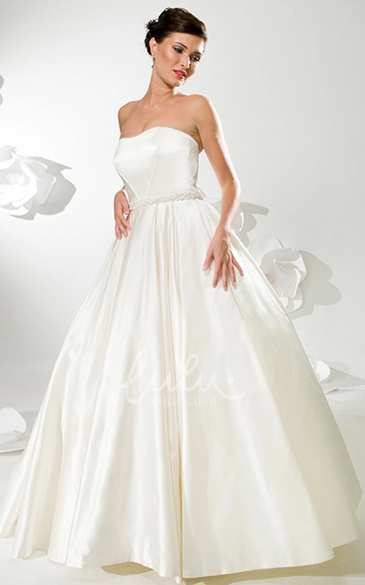 Jeweled Strapless Satin A-Line Wedding Dress with Backless Style Floor-Length