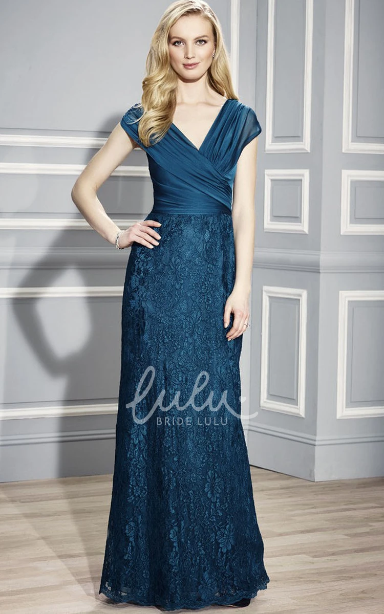 Sheath Lace Floor-Length Formal Bridesmaid Dress with V-Neck and Ruching