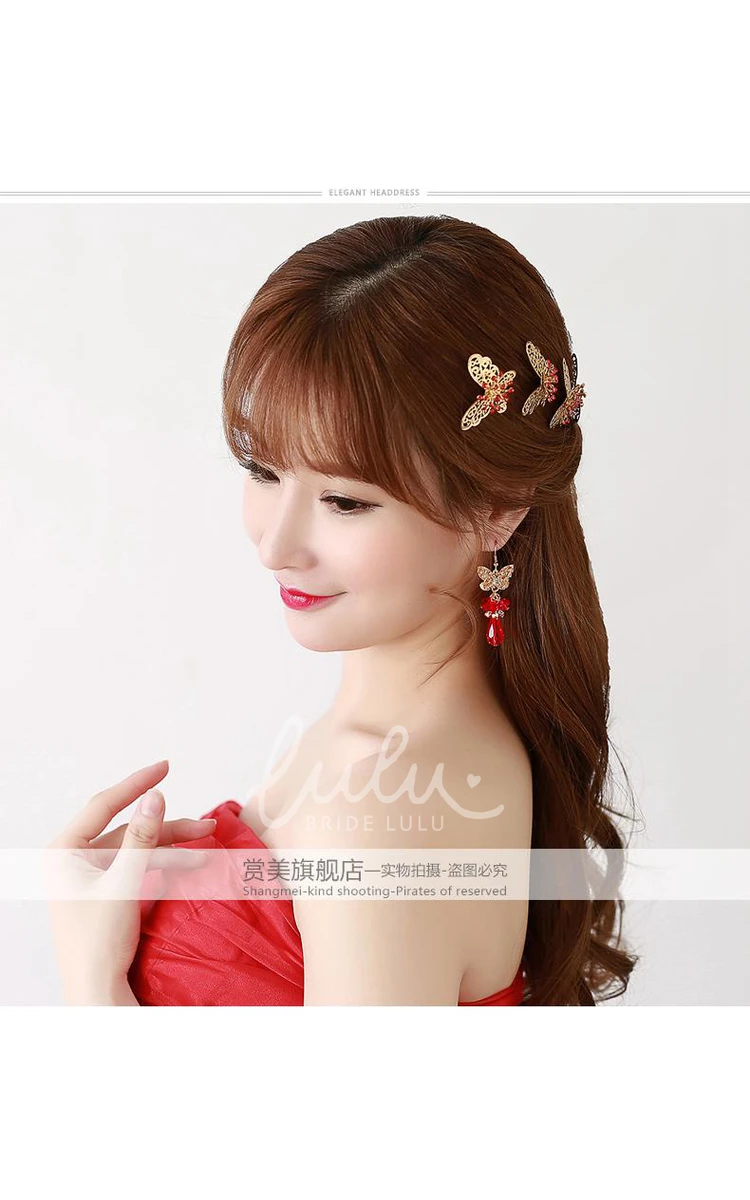 Chinese Cheongsam Wedding Hair Accessories Set with Red Hairpin U-Shaped Clip and Plate