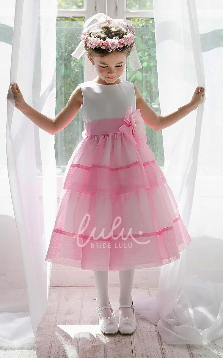 Tiered Floral Organza Tea-Length Flower Girl Dress with Beaded Sequins