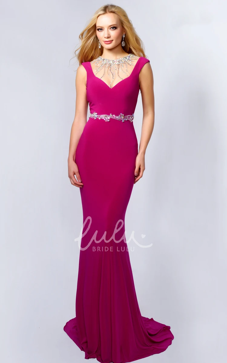 Jewel-Neck Trumpet Formal Dress with Jersey Illusion and Waist Jewelry