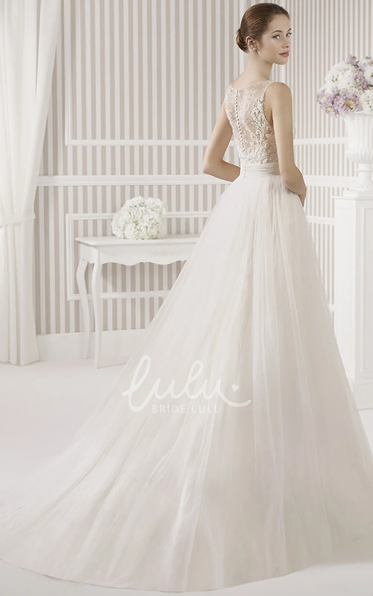 Lace Sleeveless A-Line Wedding Dress with Illusion Back and Flower Detail