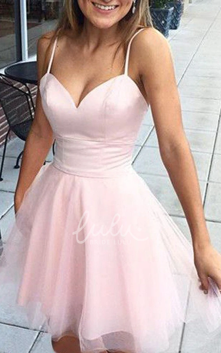 Satin Tulle A-line Short Homecoming Dress with Spaghetti Straps and Pleats