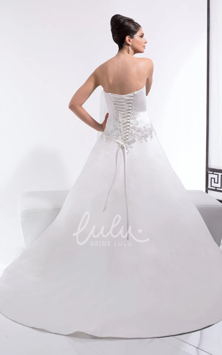 Satin A-Line Wedding Dress with Appliques and Draping Strapless Sleeveless