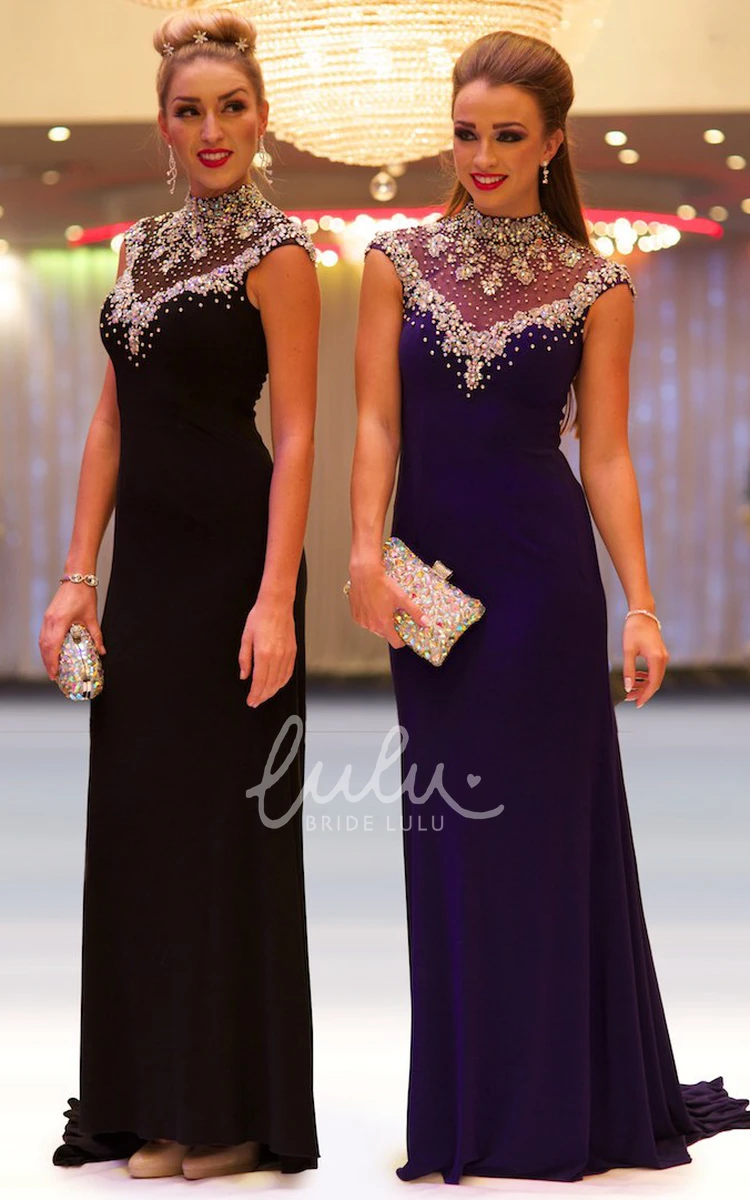 Beaded Jersey Prom Dress Cap-Sleeve High-Neck Sheath Dress for Prom