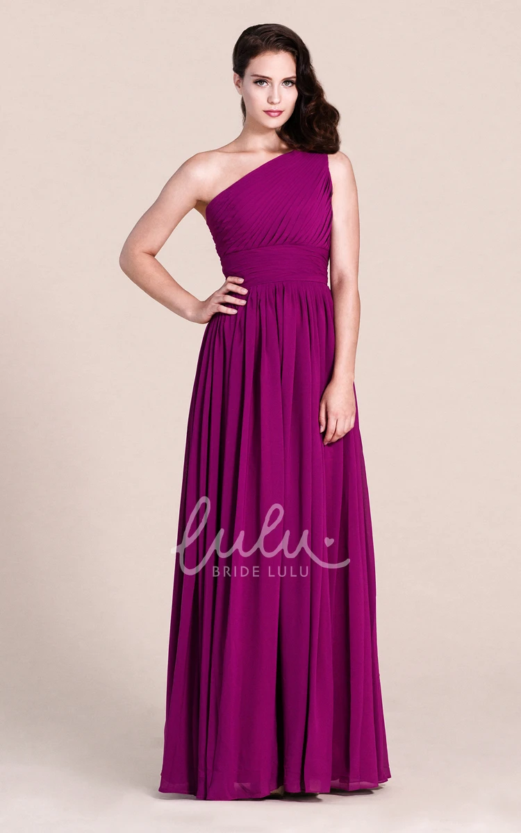 One-Shoulder Chiffon Bridesmaid Dress with Pleats Simple Empire