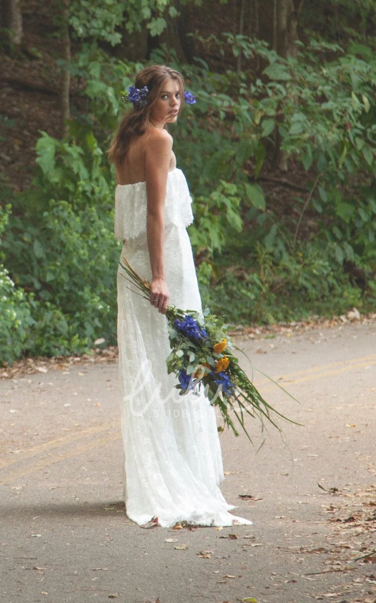 Boho Lace Wedding Dress with Ruffles Off-Shoulder Long Sheath Flowy