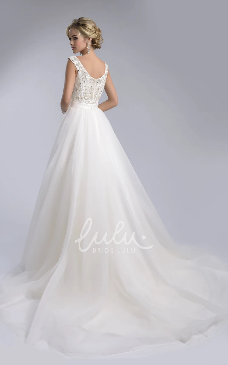 Tulle V-Neck Sleeveless Wedding Dress with Rhinestones and Pearls