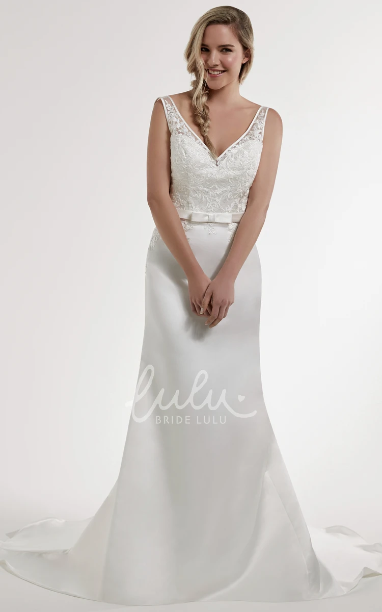 Sleeveless Satin Sheath Wedding Dress with V-Neck and Court Train Classic Bridal Gown