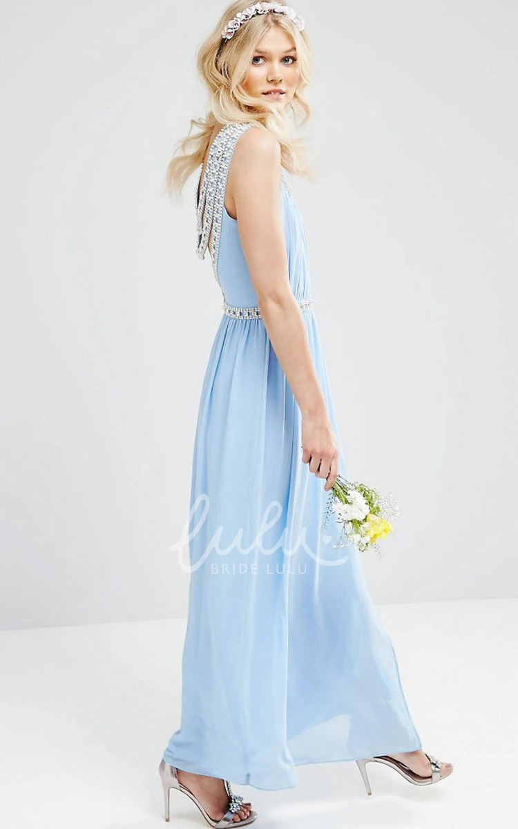 Ruched Chiffon Bridesmaid Dress Scoop-Neck Sleeveless Ankle-Length with Beading and Split Front