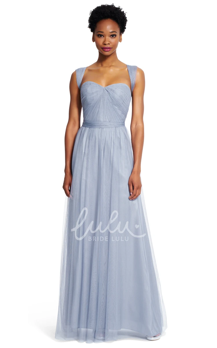 A-Line Ruched Tulle Bridesmaid Dress with Sash Maxi Sleeveless