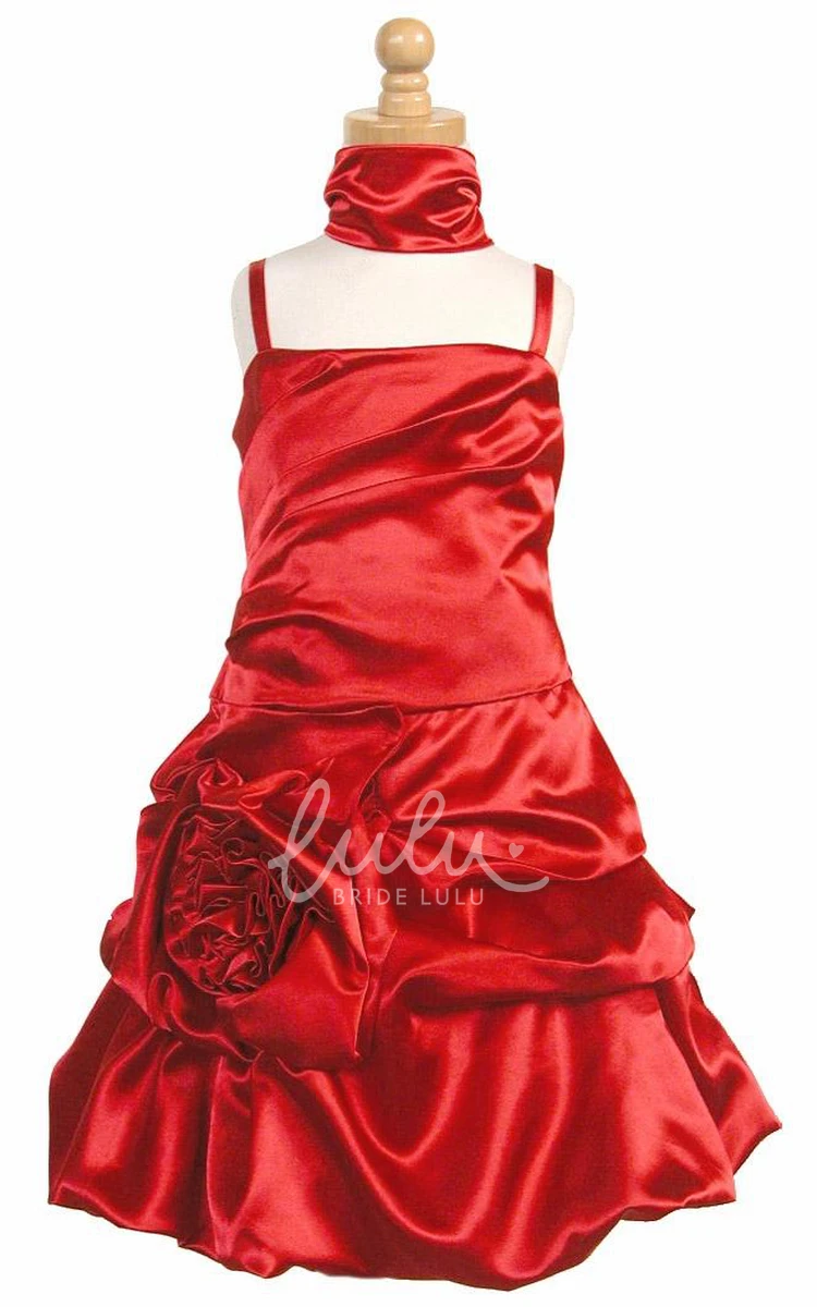 Ruched Satin Flower Girl Dress with Floral Cape and Ribbon Midi-Length