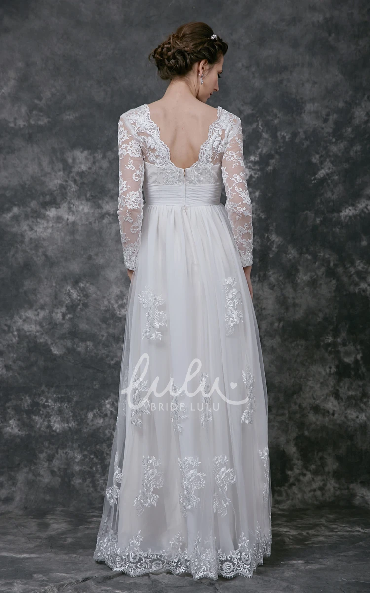 Illusion Sleeve Chiffon Dress with Ruched V-Neckline Flowy Wedding Gown