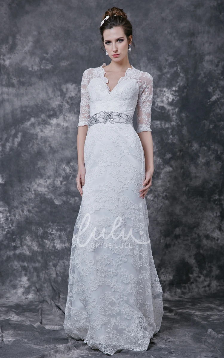 Crystal Embellished Waist Long Lace Dress with 3/4 Sleeves