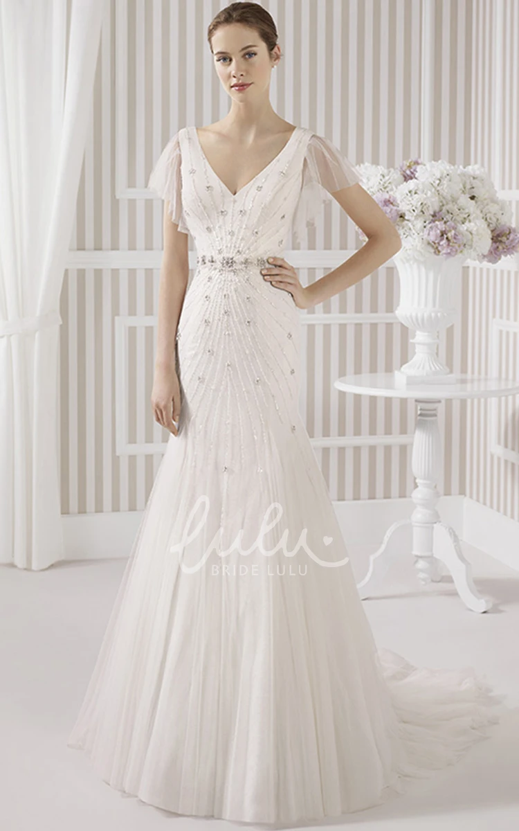 Beaded Sheath Wedding Dress with Poet Short Sleeves and Low-V Back