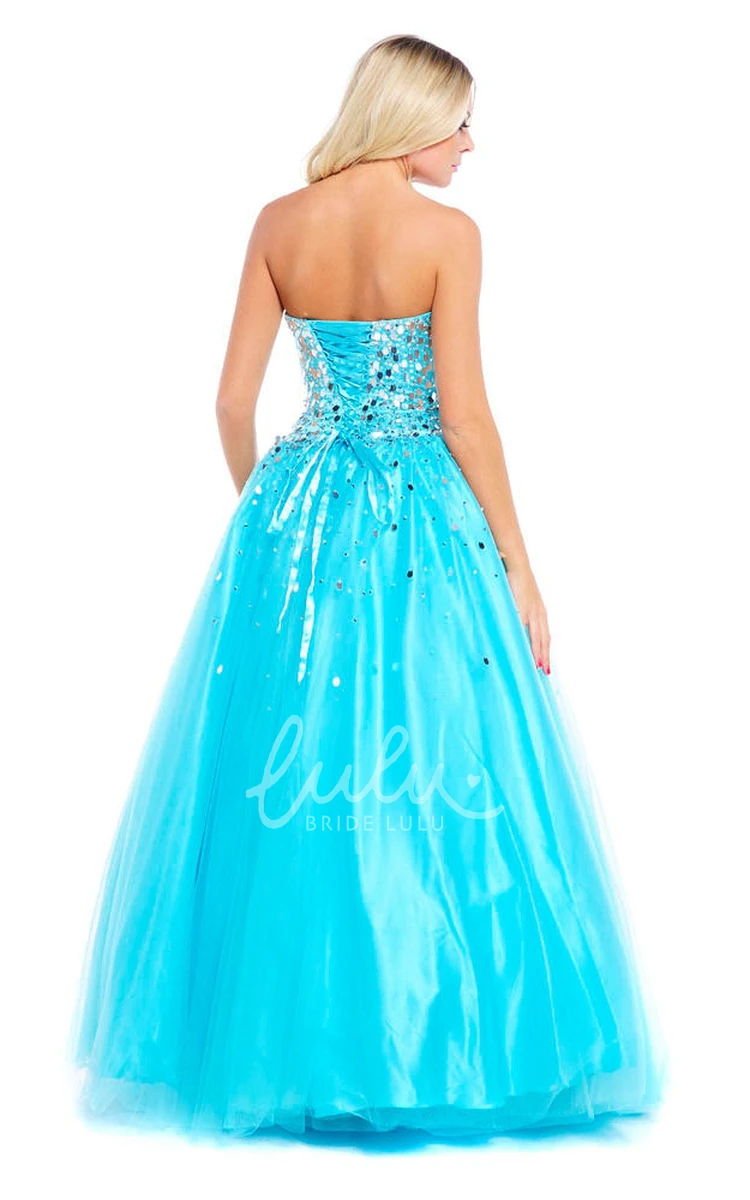 Sequined A-Line Strapless Tulle&Satin Prom Dress Sleeveless Floor Length